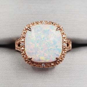 Rose Gold Opal Halo Ring - Iridescent White Opal